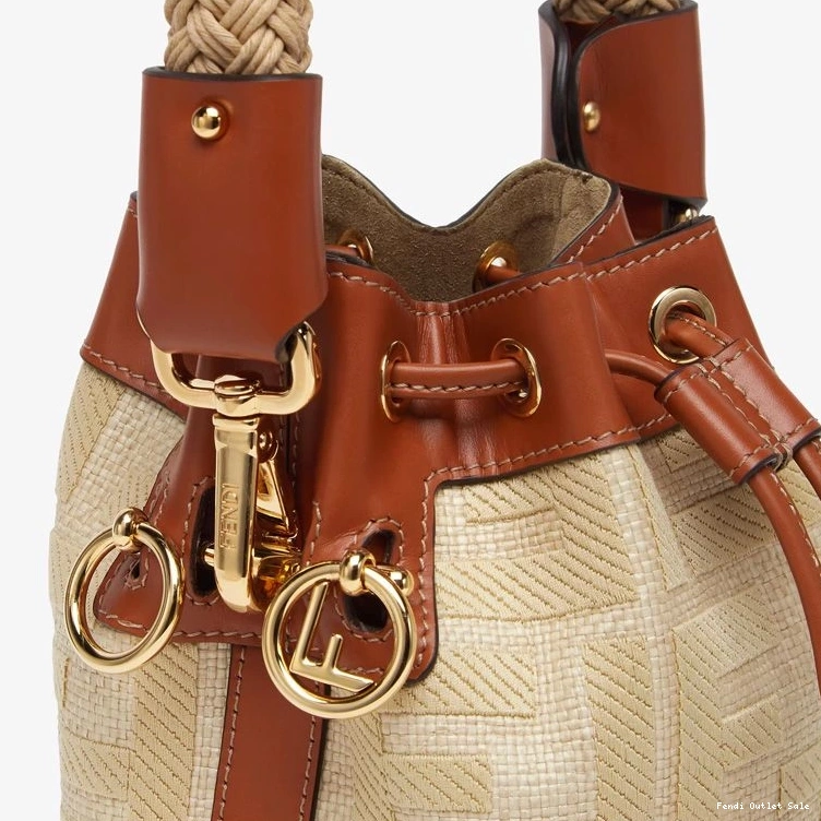 Affordable Fendi Straw Bag Mini FF Beige with Straw Mon Motif Tresor Bucket In Handle 0811
